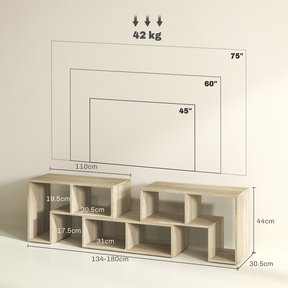 image 1 of HOMCOM TV Stand for TVs up to 75 Inches, Free Combination TV Unit with Storage Shelves, Extendable Entertainment Centre for Living Room, Grey Oak Wood-Effect