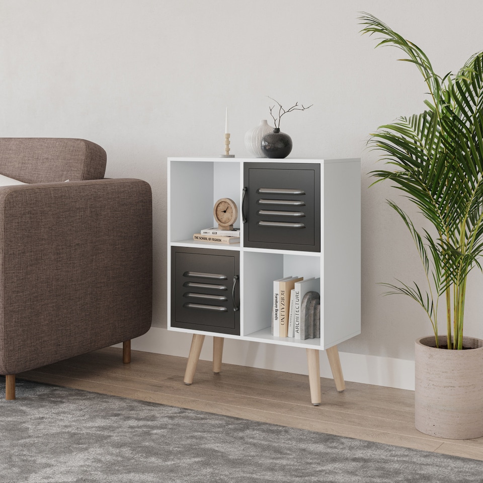 image 1 of White 4-Cube Storage Unit with 2 Metal Doors and Legs | Black | Black & Pine | 1