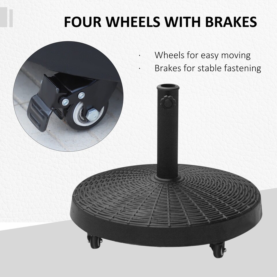 image 1 of Outsunny 22.7kg Resin Patio Parasol Base Umbrella Stand Weight Deck Garden Sunshade Holder Round w Wheels Brakes Outdoor