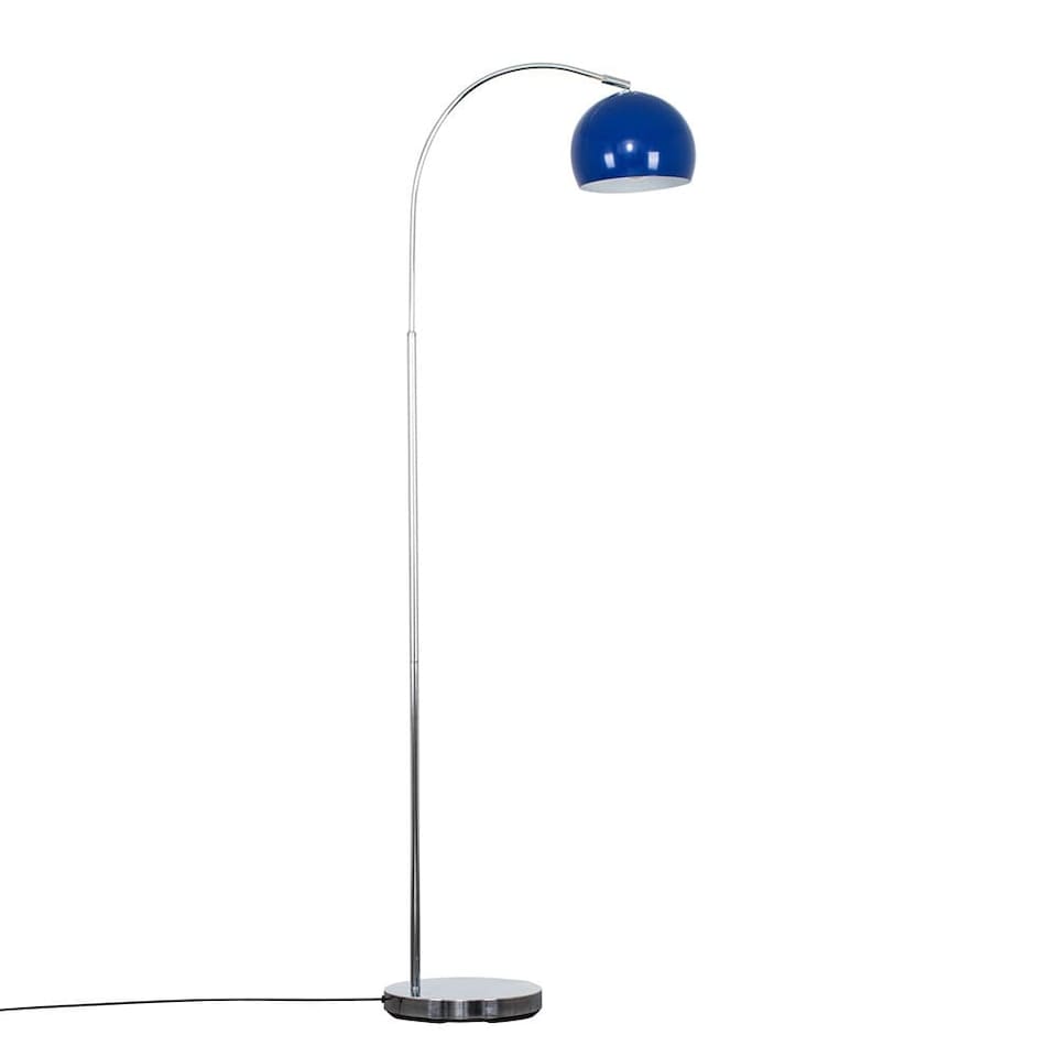 image 1 of ValueLights Polished Chrome Curved Stem Floor Lamp With Gloss Navy Metal Dome Light Shade | Blue
