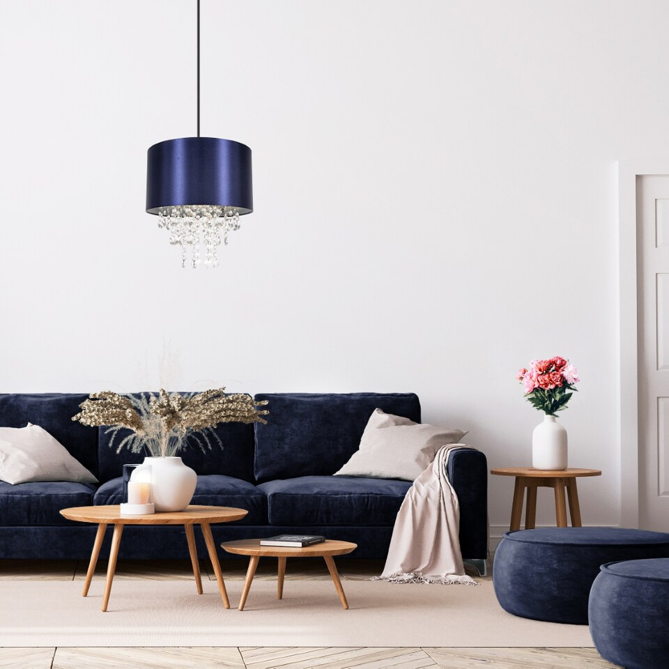 image 1 of Modern Navy Satin Fabric Pendant Light Shade with Transparent Acrylic Droplets | Blue