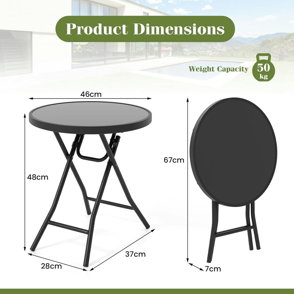image 1 of COSTWAY Folding Glass Table Portable Patio Coffee Table Black