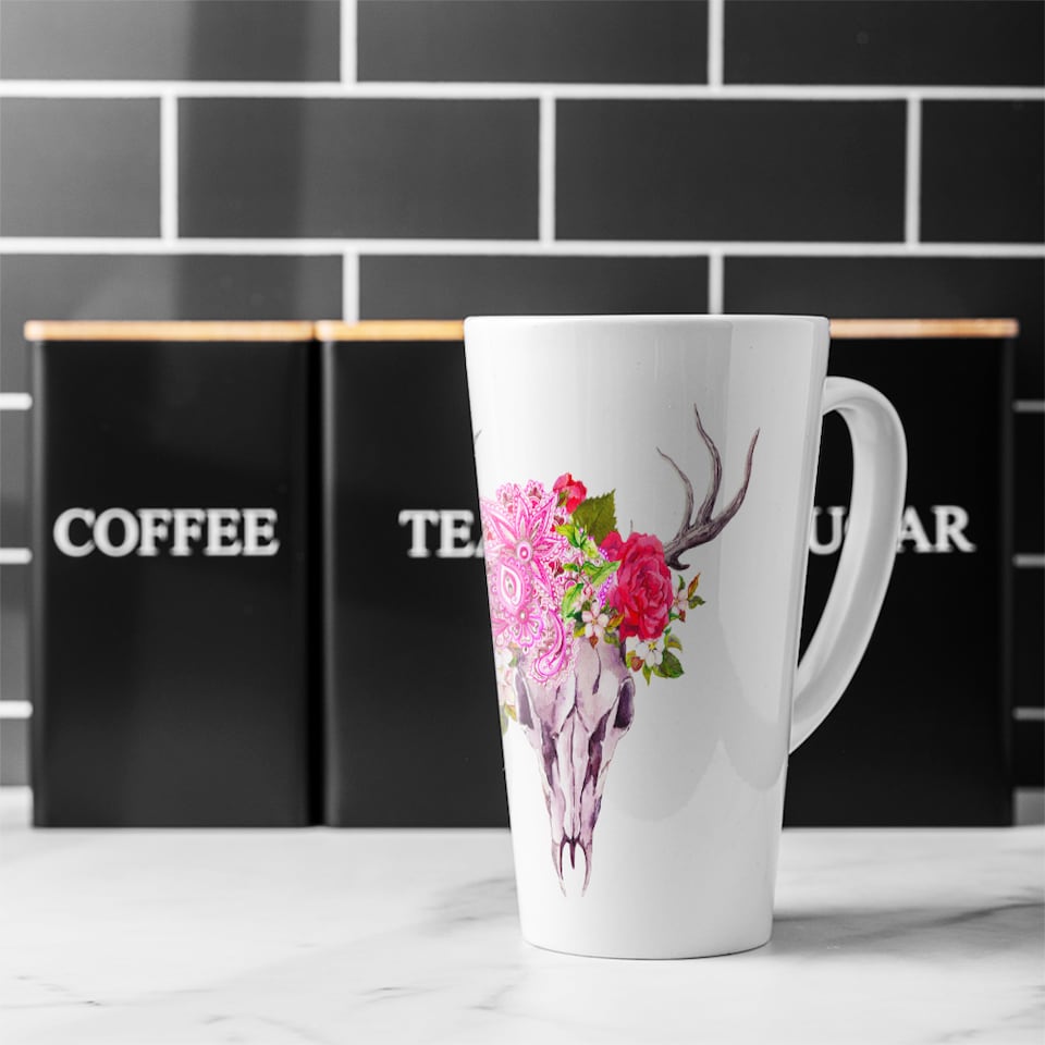 image 1 of Deer Animal Skull With Flowers And Feathers Latte Mug