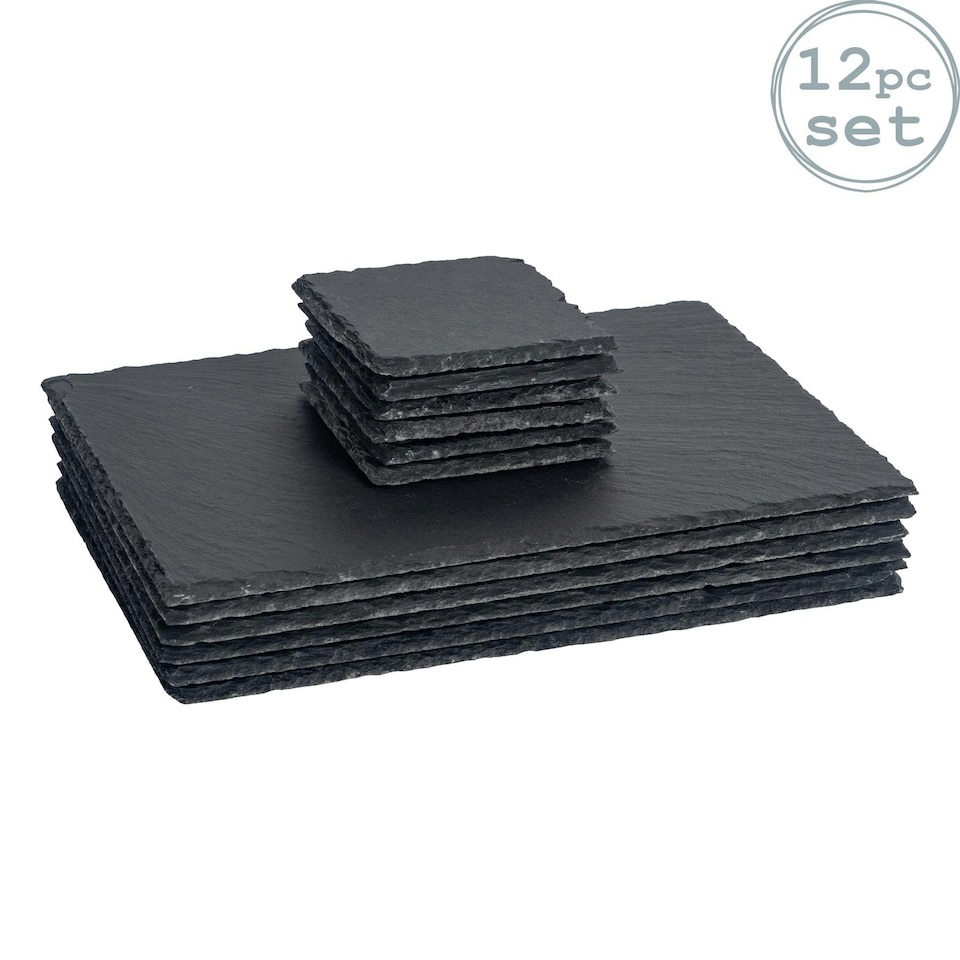 image 1 of Argon Tableware 12 Piece Square Slate Placemats & Coasters Set - Place Mats Coasters Stone Placemats Slate Placemats & Coasters Grey