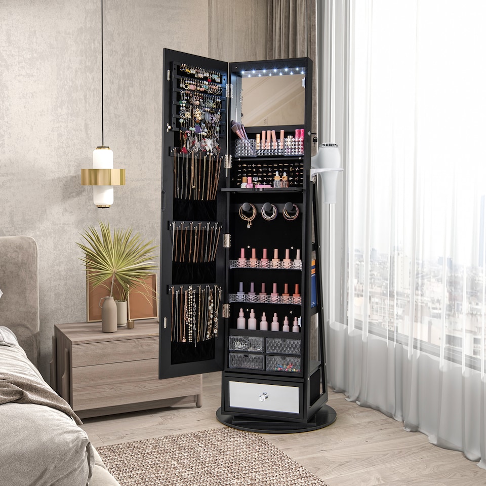 image 1 of COSTWAY 4 iN 1 Swivel Jewelry Cabinet Lockable Jewelry Armoire-Black