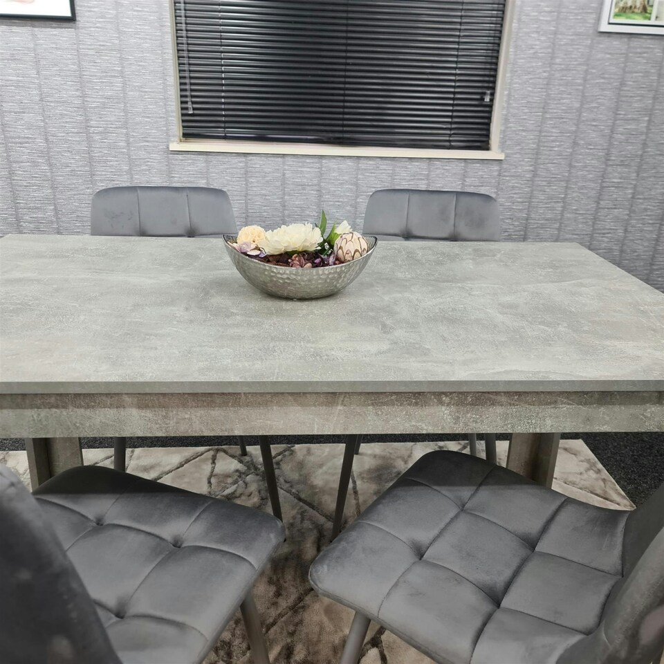 image 1 of Dining Table with 4 Grey Velvet Chairs Stone Grey Effect Wood Table Set for Dining Room Grey