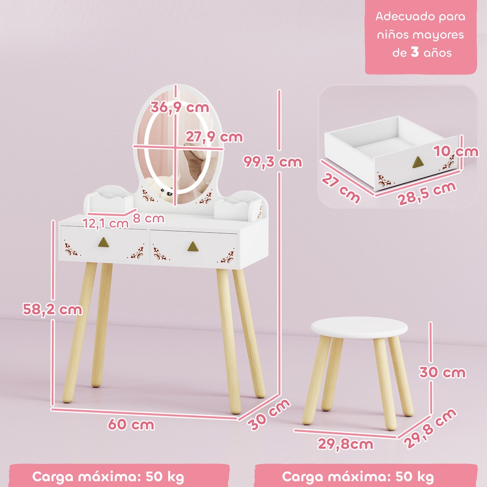 image 1 of AIYAPLAY Kids Vanity Table and Chair Set, 2 in 1 Children Dressing Table with 3-Colour LED Lights Mirror, Drawer, Storage Boxes, Girls Makeup Desk Set for 3+ Years, for Playroom, Bedroom, White