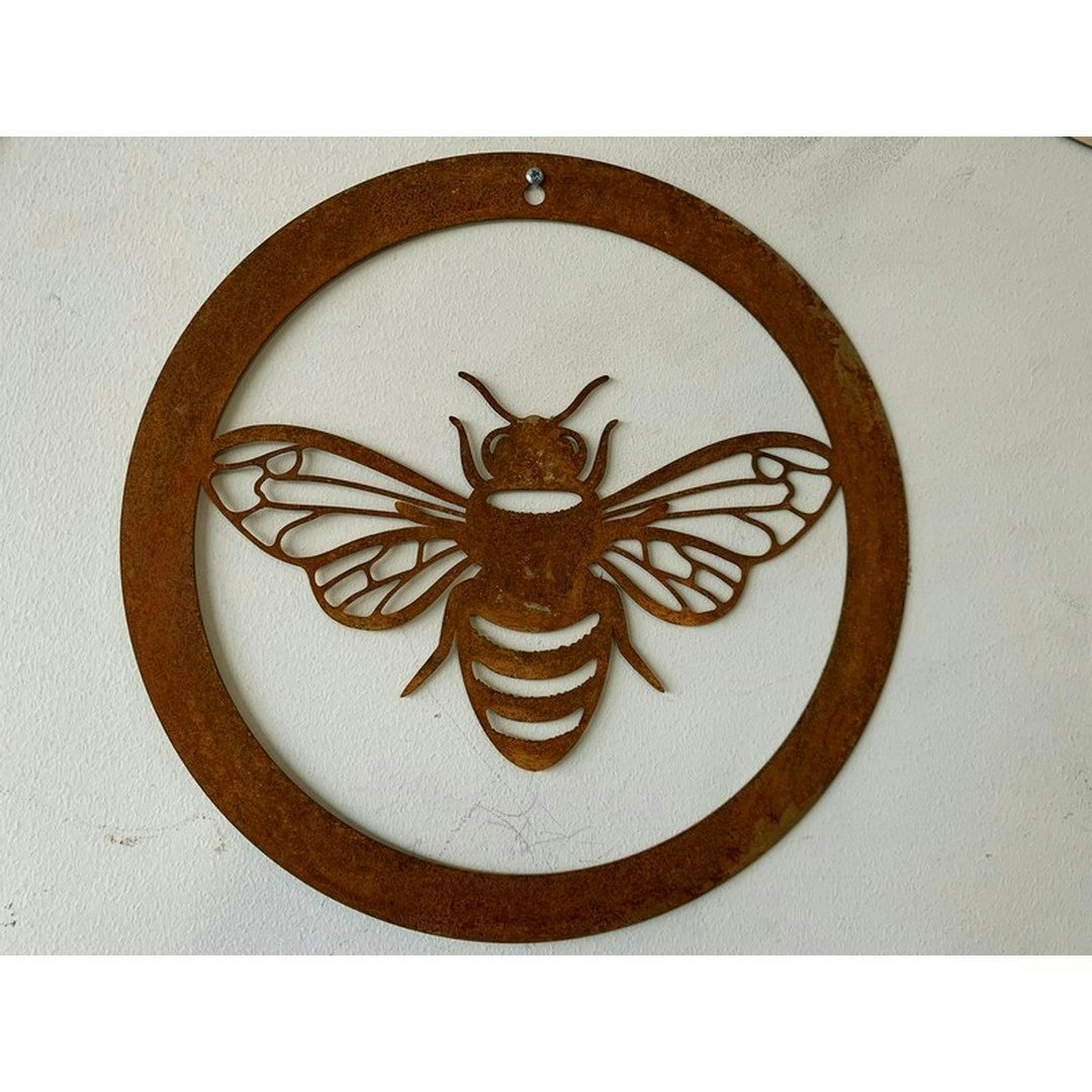 Poppyforge Bee in a Circle Small Garden Wall Art - Bare Metal/Ready to Rust in Copper