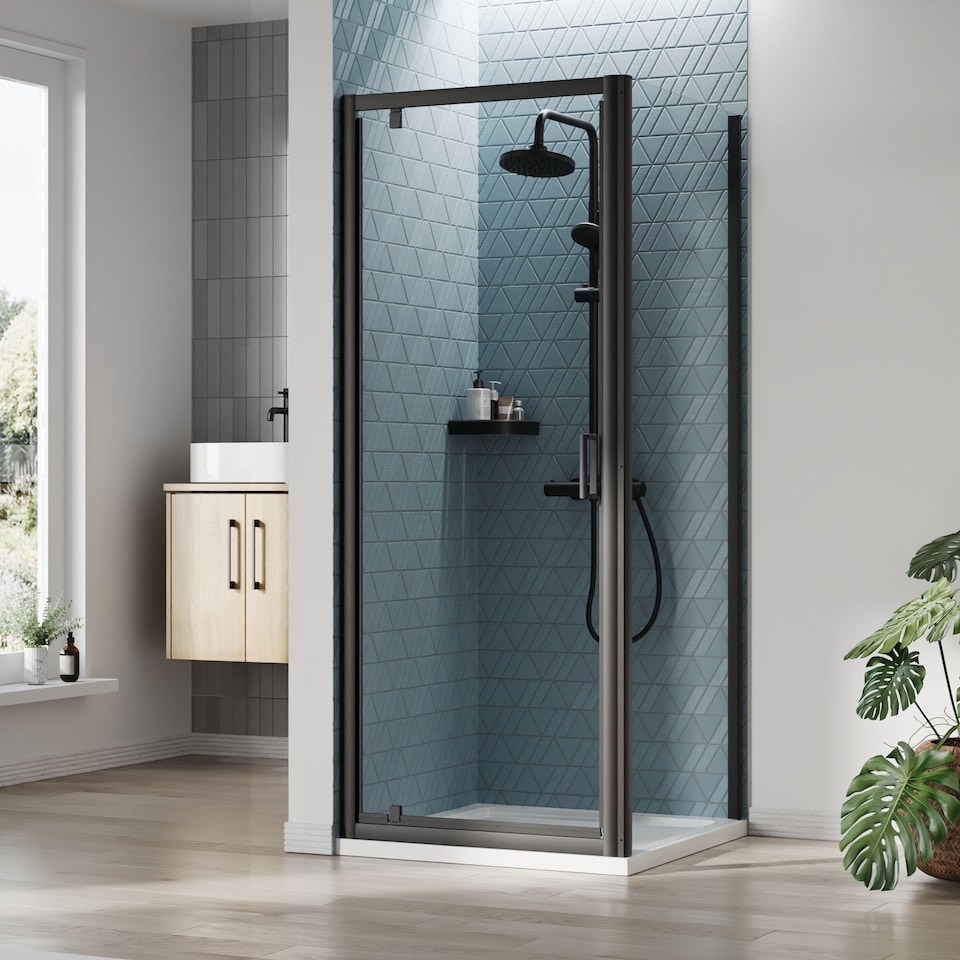 image 1 of Balterley Square Pivot Shower Suite with Safety Glass Door, Side Panel & Tray Frame with Tray | Black | Matt Black | 3