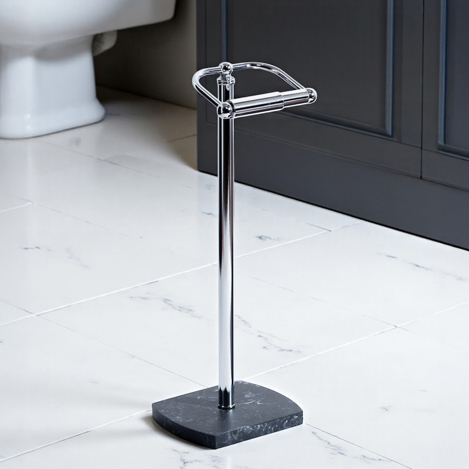 image 1 of Showerdrape Octavia Grey Marble & Chrome Freestanding Toilet Roll Holder | Multi | 1