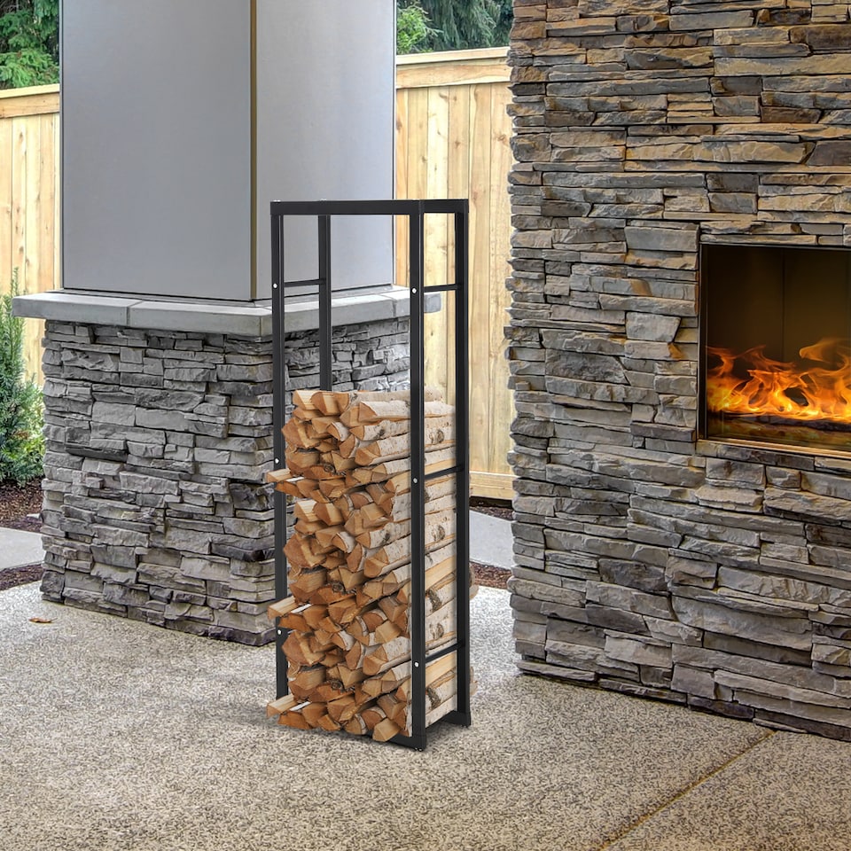 image 1 of HOMCOM Metal Firewood Log Holder Tall Firewood Rack Indoor Outdoor Fireplace Wood Storage Shelf with Side Rails, RustResistant, Black, 40W x 25D x 150H cm