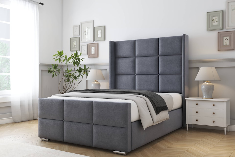 image 1 of Sloomy Beaumont Steel Plush Bed Frame With 50"  Upholstered Wingback Headboard 6' Super King