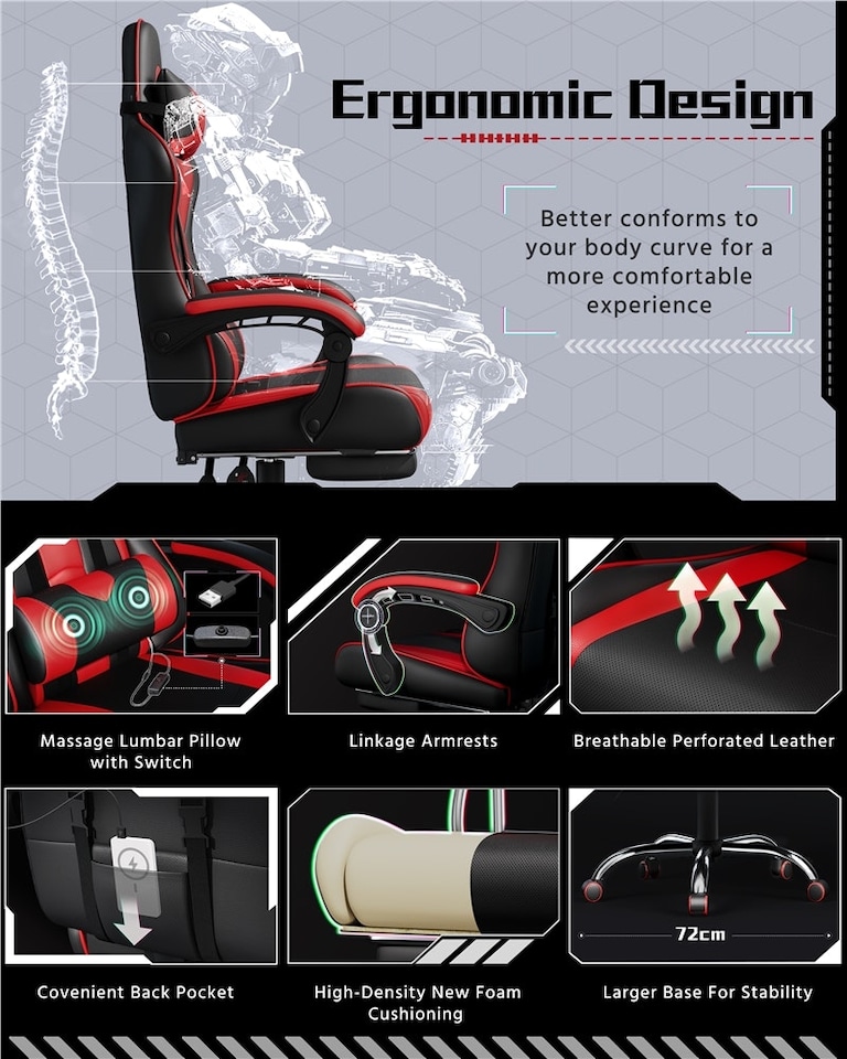 image 1 of Yaheetech Ergonomic Computer Chair with Massage Lumbar Pillow | Multi | Black/Red