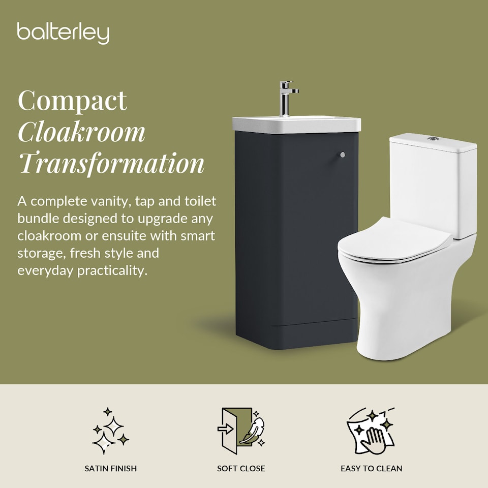 image 1 of Balterley Contemporary Floor Standing 1 Door Bathroom Vanity Unit, Basin, Tap & Toilet Pack | Grey | Satin Soft Black | 814 x 379 x 342mm