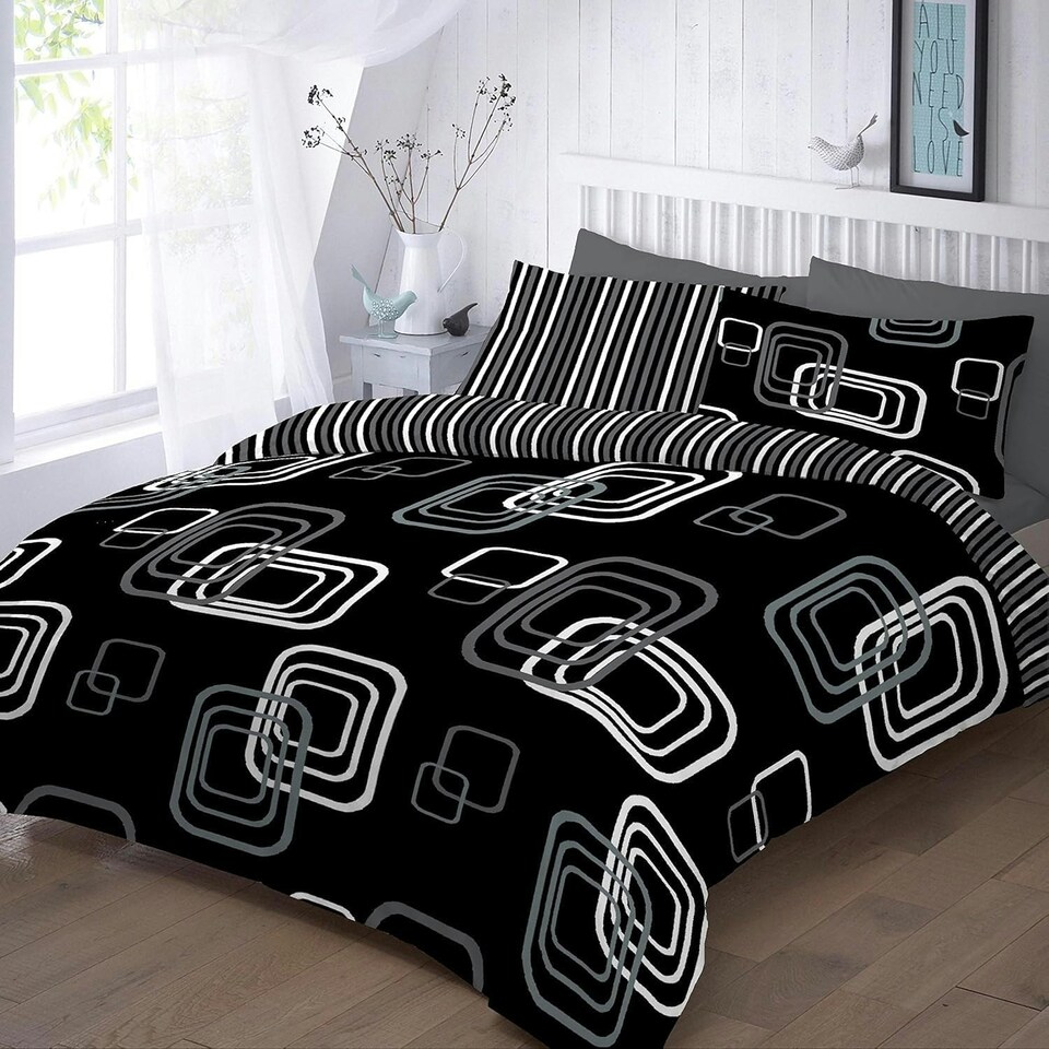 image 1 of Homes-Linen Blake Squares Reversible Duvet Cover Set – Modern Striped Geometric Bedding with Pillowcases – Ultra-Soft Fabric, Durable & Stylish Black | King