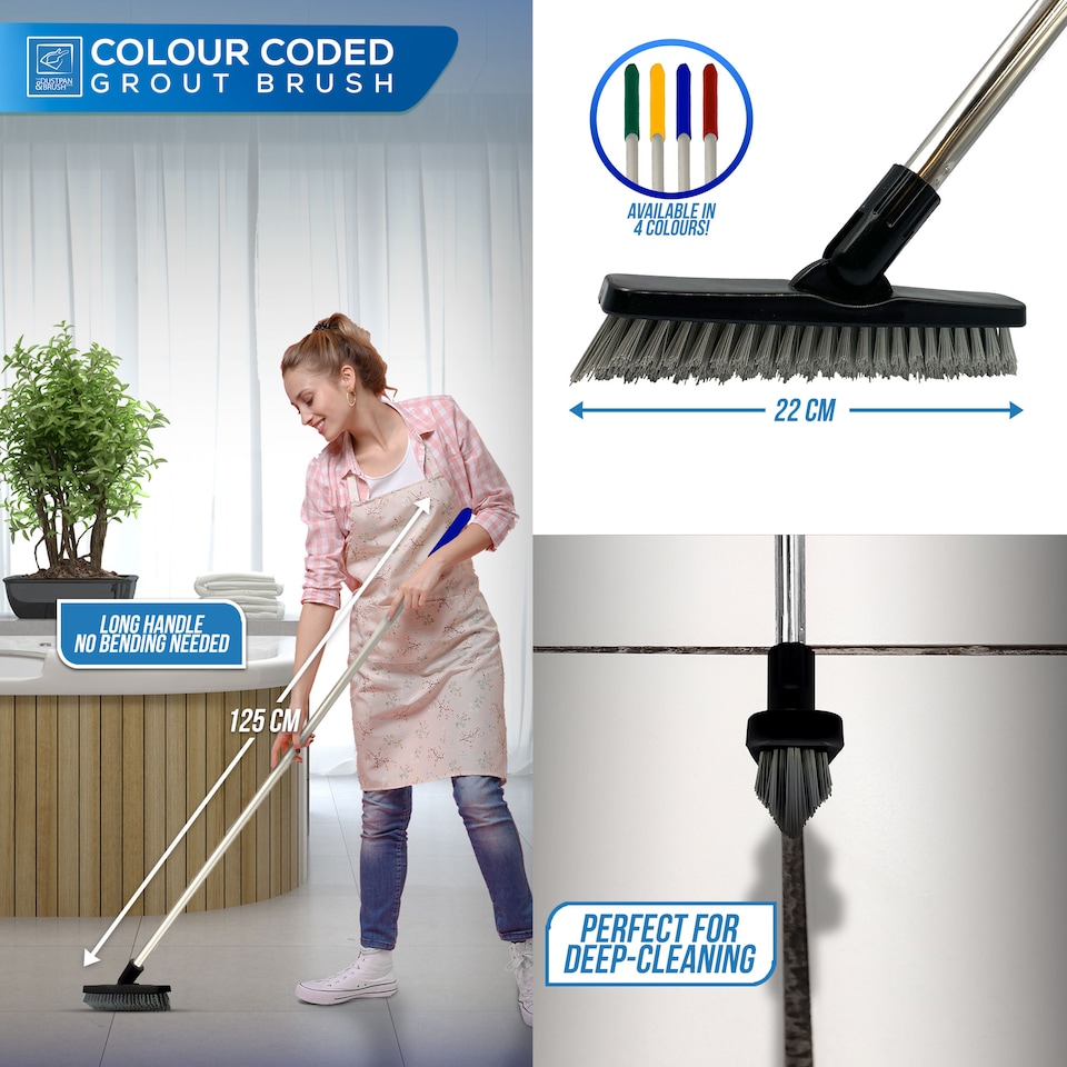 image 1 of Colour-Coded Angled Grout Brush with Handle 180° Swivel Tile & Corner Scrubber