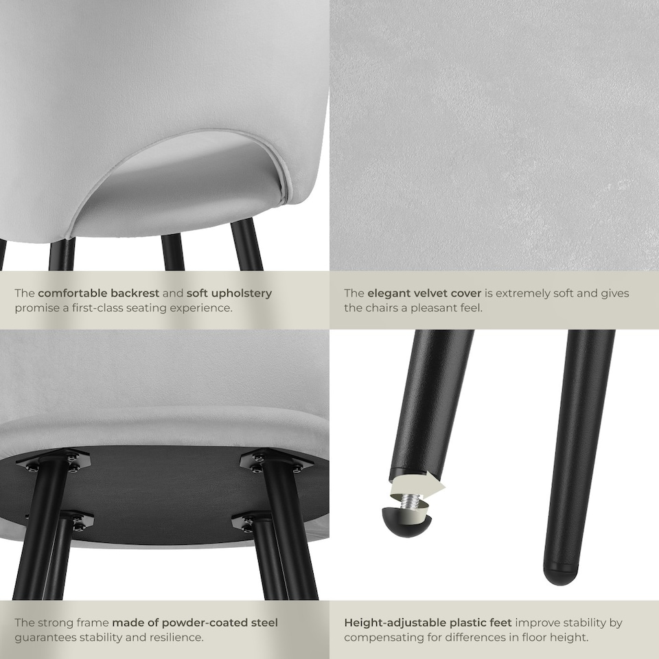 image 1 of Bar Stool Rachel with backrest and velvet look cover, 49 x 58 x 110 cm - Set of 2 Grey | Light Grey/Black