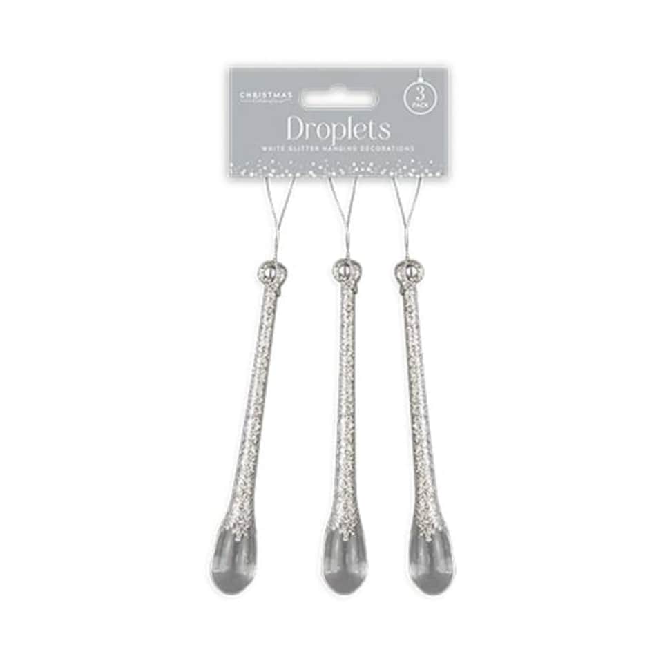 Silver Glitter Droplet Christmas Hanging Decorations - Pack of 3
