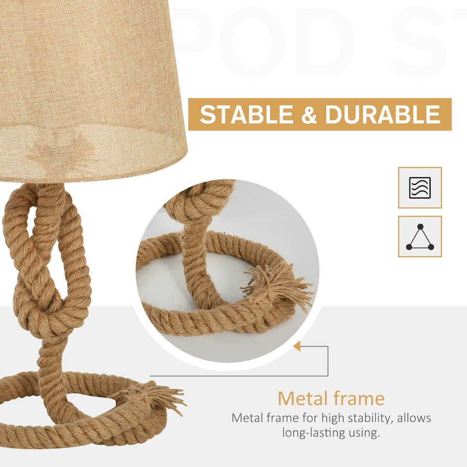 image 1 of HOMCOM Nautical Style Rope-Base Table Lamp w/ Fabric Lampshade Metal Frame Beige