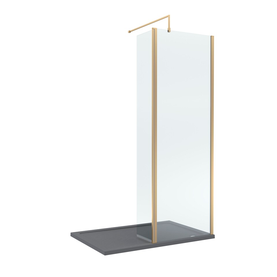 8mm Glass Wetroom Screen, Return Brushed Brass and Tray 1200 x 900mm | Copper | Brushed Brass