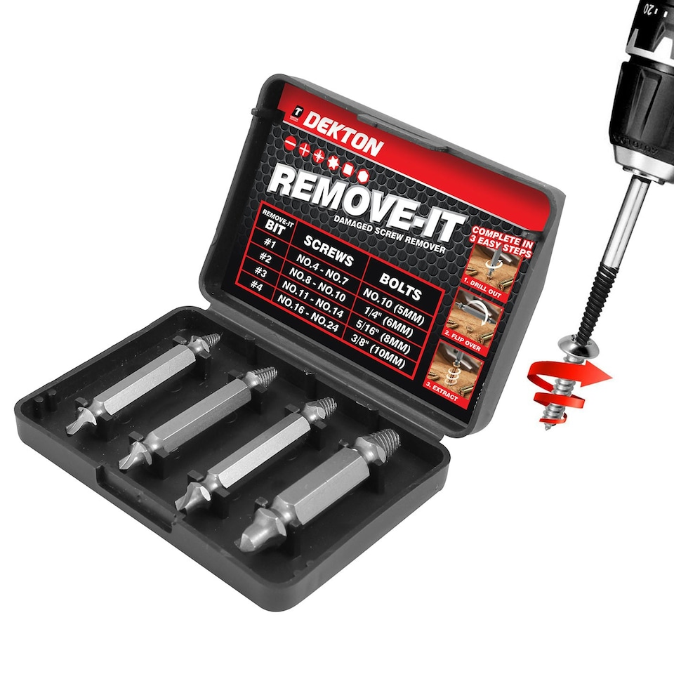 image 1 of Dekton 4pc Broken Damaged Screw Extractor Removal Remover Garage Tool Bit Set
