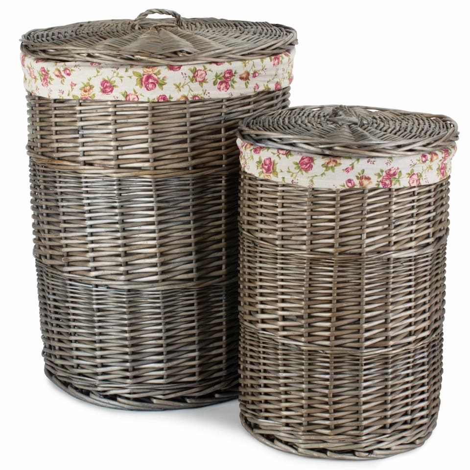 image 1 of Antique Wash Round Linen Basket Set 2 With Garden Rose Lining | Multi | Garden Rose