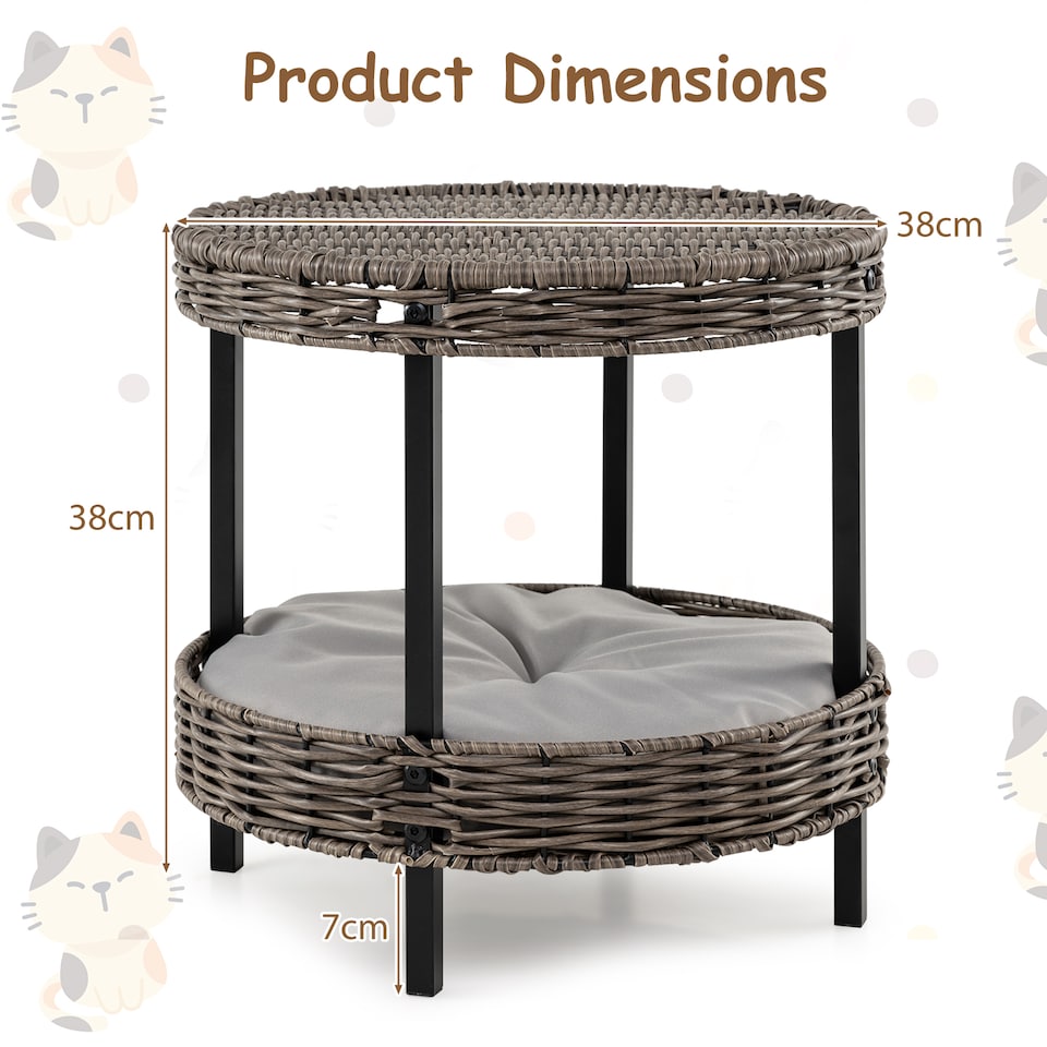 image 1 of COSTWAY 2-tier Rattan Cat Nest Wicker Kitten House Raised Kitty Bed-Grey