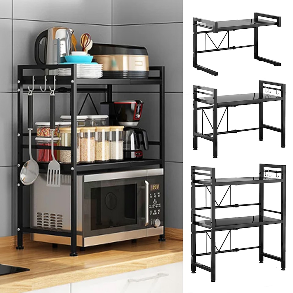 image 1 of Living and Home 2 Tier Expandable Microwave Oven Rack | Black | 2 Tier