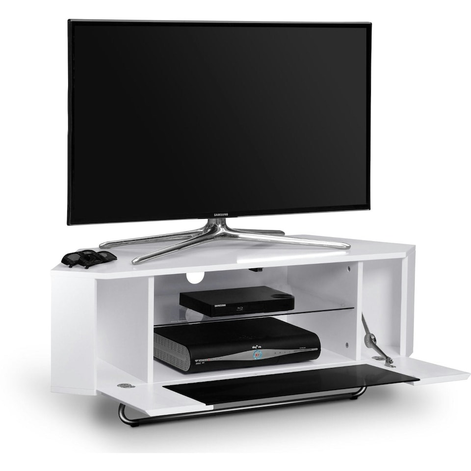 image 1 of Centurion Supports Hampshire Corner-Friendly Gloss White with Black Contrast Beam-Thru Remote Friendly Door 26"-50" Flat Screen TV Cabinet White