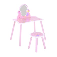 HOMCOM Kids Dressing Table Girls Pink Wooden Kids Dressing Table & Stool Make Up Desk Chair Toys Fairy Dresser Play Set w Mirror