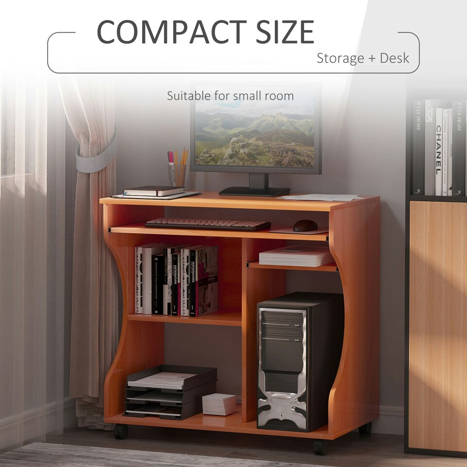 image 1 of HOMCOM Computer Table Study Desk with Sliding Keyboard Tray, Cherry Wood