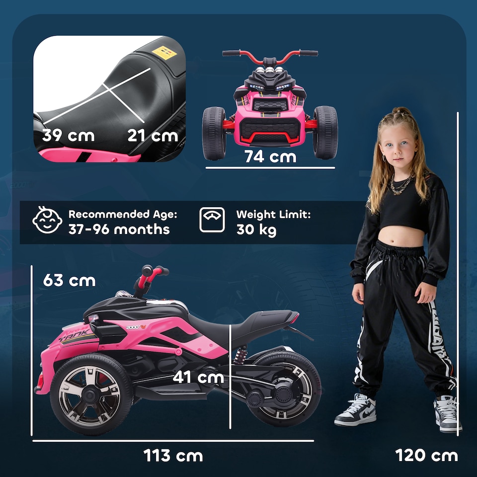 image 1 of AIYAPLAY Kids Electric Ride On Car, 12V Battery Powered Ride On ATV with MP3 Player, Horn, 2 Speeds, LED Lights, 3 Wheeler Electric Vehicle Toy Car for Boys & Girls Ages 3-8 | Pink