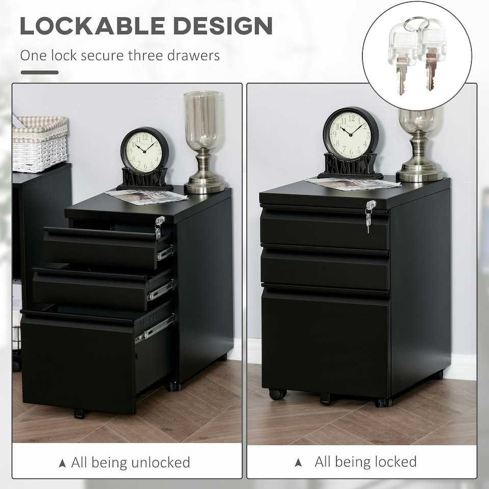 image 1 of Vinsetto 3 Drawer File Cabinet, Lockable Metal Filling Cabinet, Black