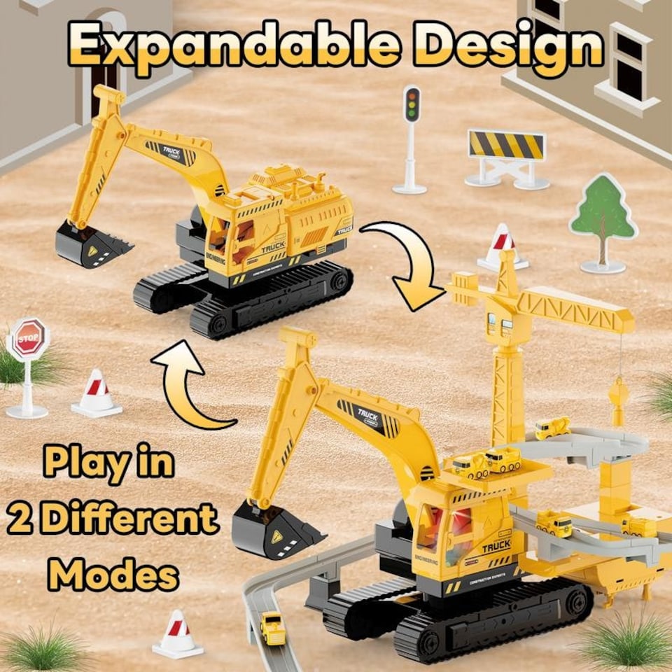 image 1 of Crane Truck Toy Construction Vehicle Toy with Race Track