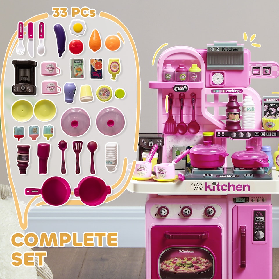 image 1 of AIYAPLAY Kids Kitchen with 33 Pieces, Light, Sound, Storage