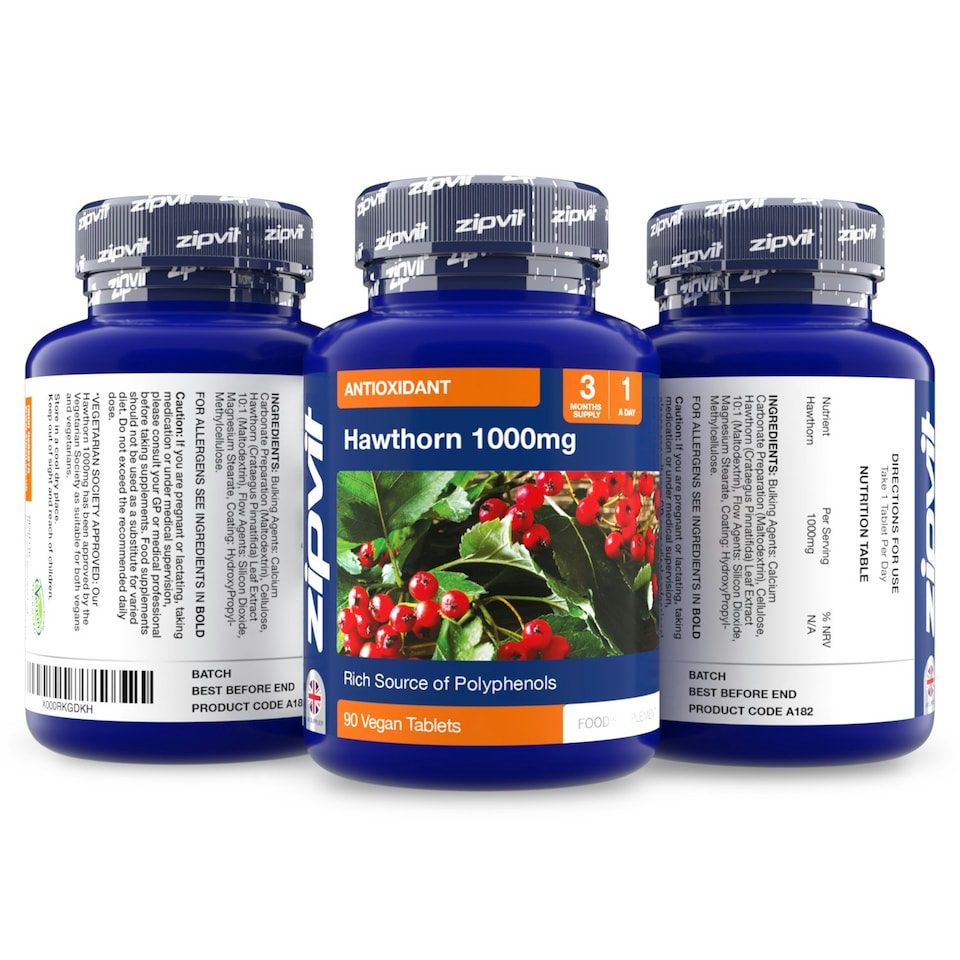 image 1 of Zipvit Hawthorn 1000mg, Traditional Herbal Support, 90 Vegan Tablets, 3-Month Supply