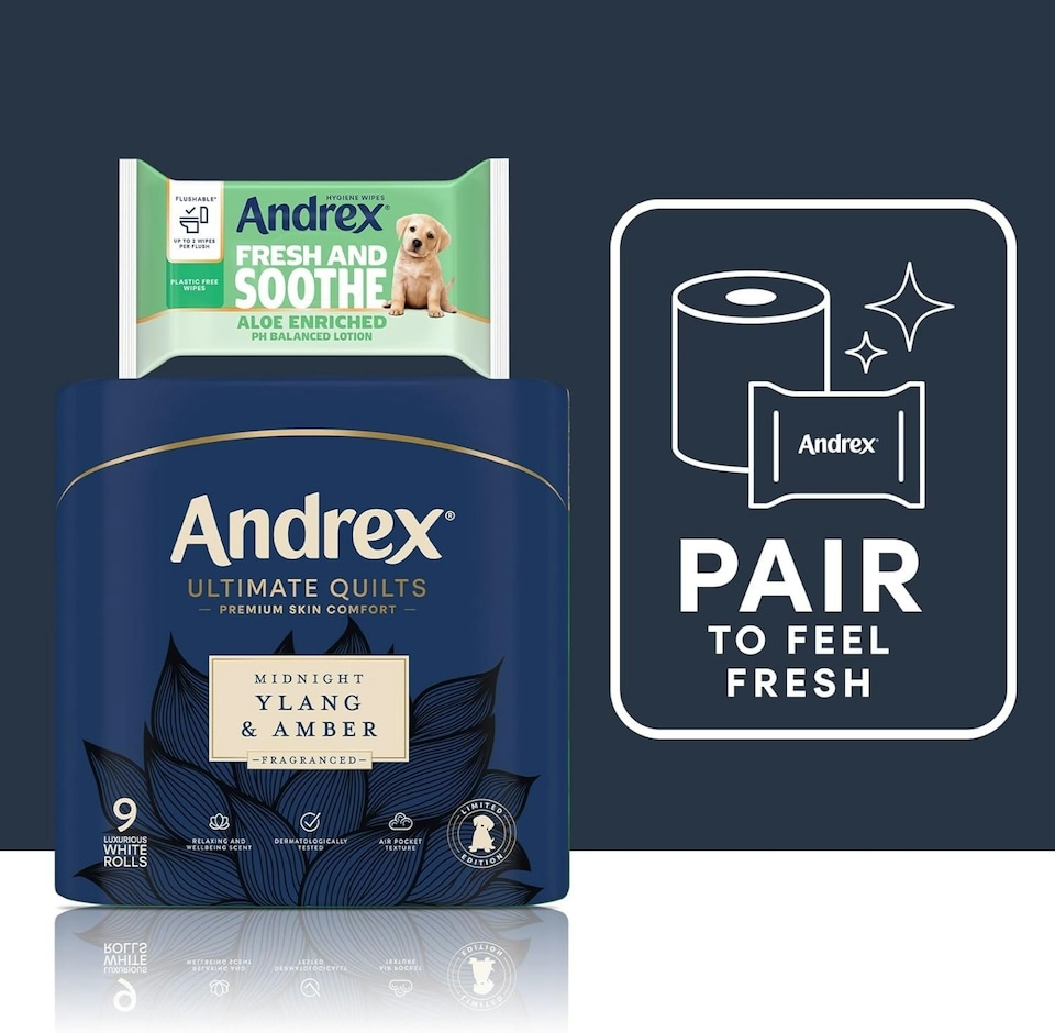 image 1 of Andrex Ultimate Quilts Toilet Tissue 36 Rolls with Midnight Ylang & Amber Fragrance, Air Pocket Technology for Soft, Thick Sheets - 36 Quilted Toilet Rolls