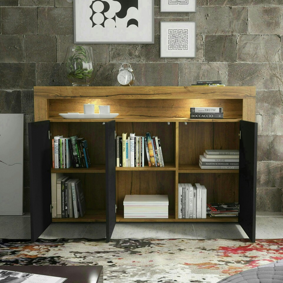 image 1 of Sideboard 155cm Black Matt Doors Oak Matt Body Free LED Display Shelf Multi | Oak & Black