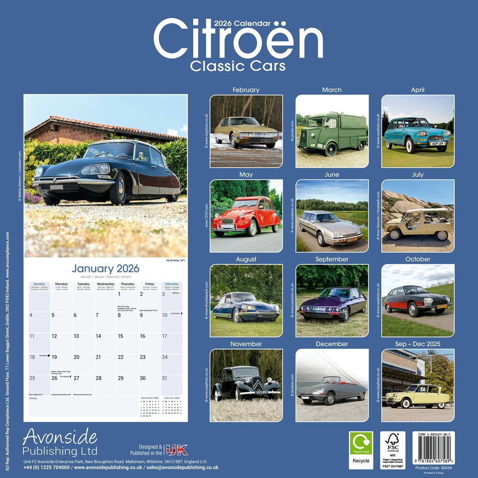 image 1 of Citroen Classic Cars 2026 Calendar | Square Wall Calendar | Car Enthusiast Gift | Plastic Free Packaging | by Avonside Publishing