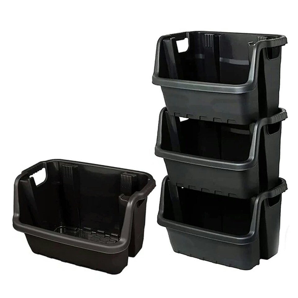 image 1 of Set of 2 Open Fronted Black Plastic Crates Heavy Duty Stackable Storage Boxes Black