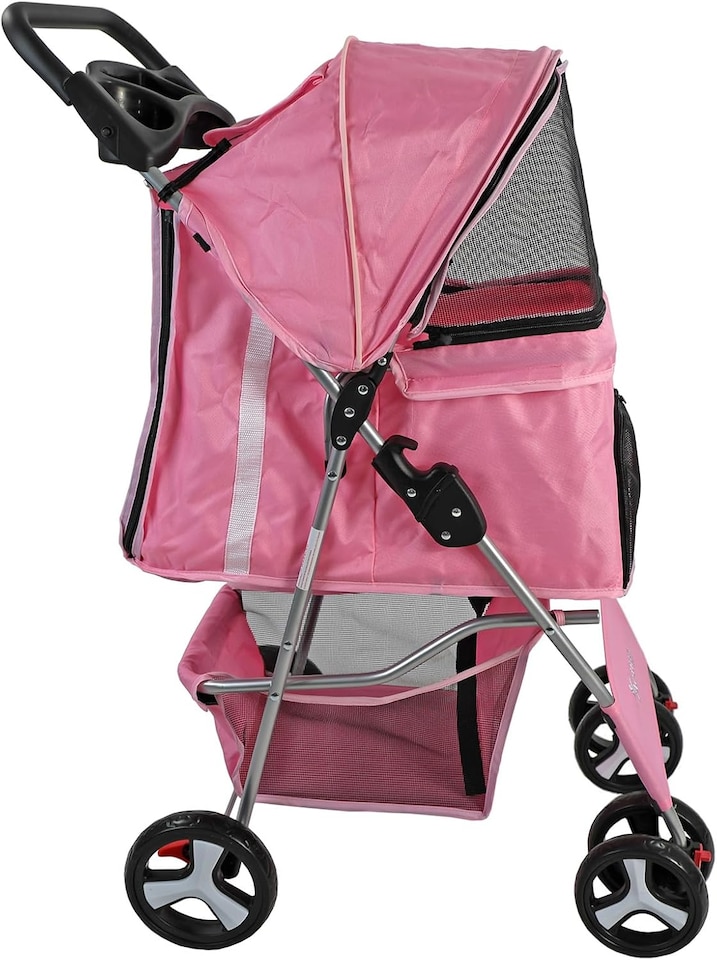 image 1 of Pet Stroller Dog Cat Puppy Pram Pushchair Travel Cart Jogging Buggy Carrier (Pink with Cover)