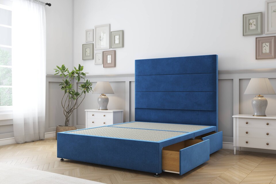 image 1 of Sloomy Texas Navy Plush Divan Bed With Mattress 2 Drawers Footend With 26" Strutted Headboard 6' Super King | Blue | Navy | Super King | 1