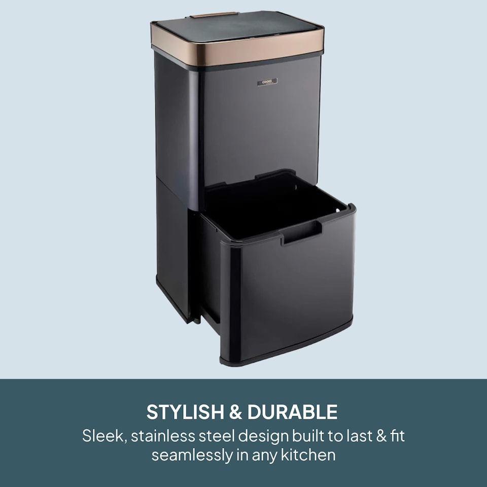 image 1 of Cooks Professional Recycling Sensor Bin 75L with Dual Compartments & Food Caddy | Black | Black & Copper