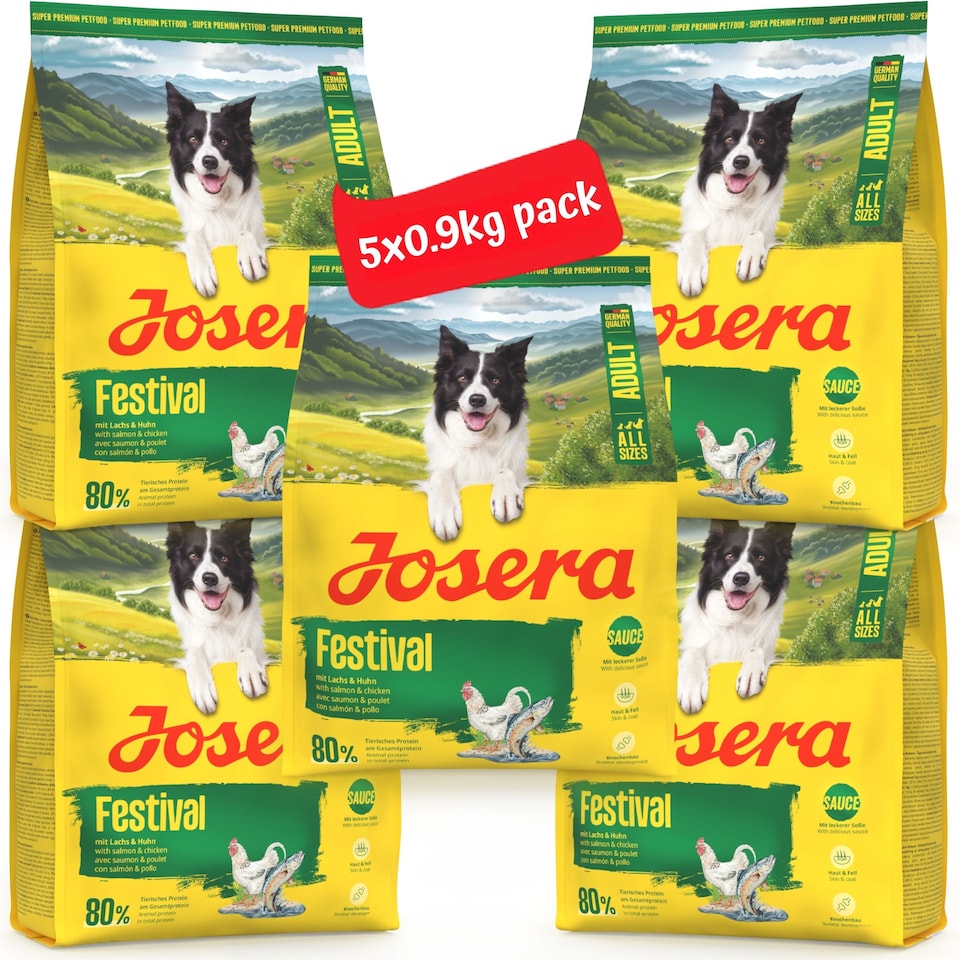 image 1 of Josera Adult Festival complete dog food | For fussy dogs | Feed dry or wet for delicious gravy | Chicken & Salmon | All breed sizes | 5x0.9kg