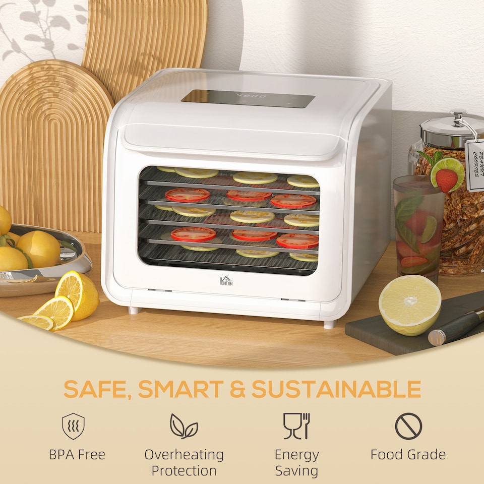 image 1 of HOMCOM Digital Food Dehydrator with 6 Stainless Steel Tray, 350W Food Dryer Machine with LED Touch Panel, Adjustable Temperature, 48H Timer for Drying Fruit, Meat, Vegetable, Jerky, Pet Treat, White