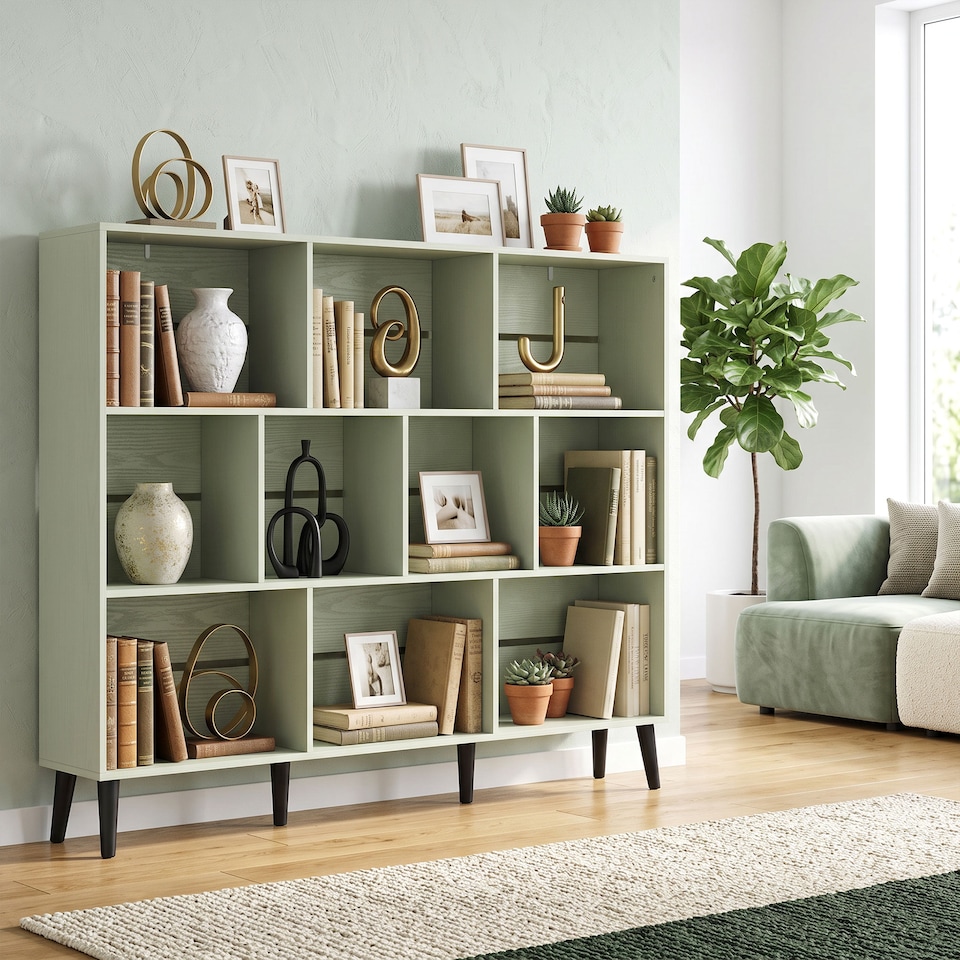 image 1 of HOMCOM 3-Tier Bookshelf with 10 Cubbies, Book Shelf with Wood Legs