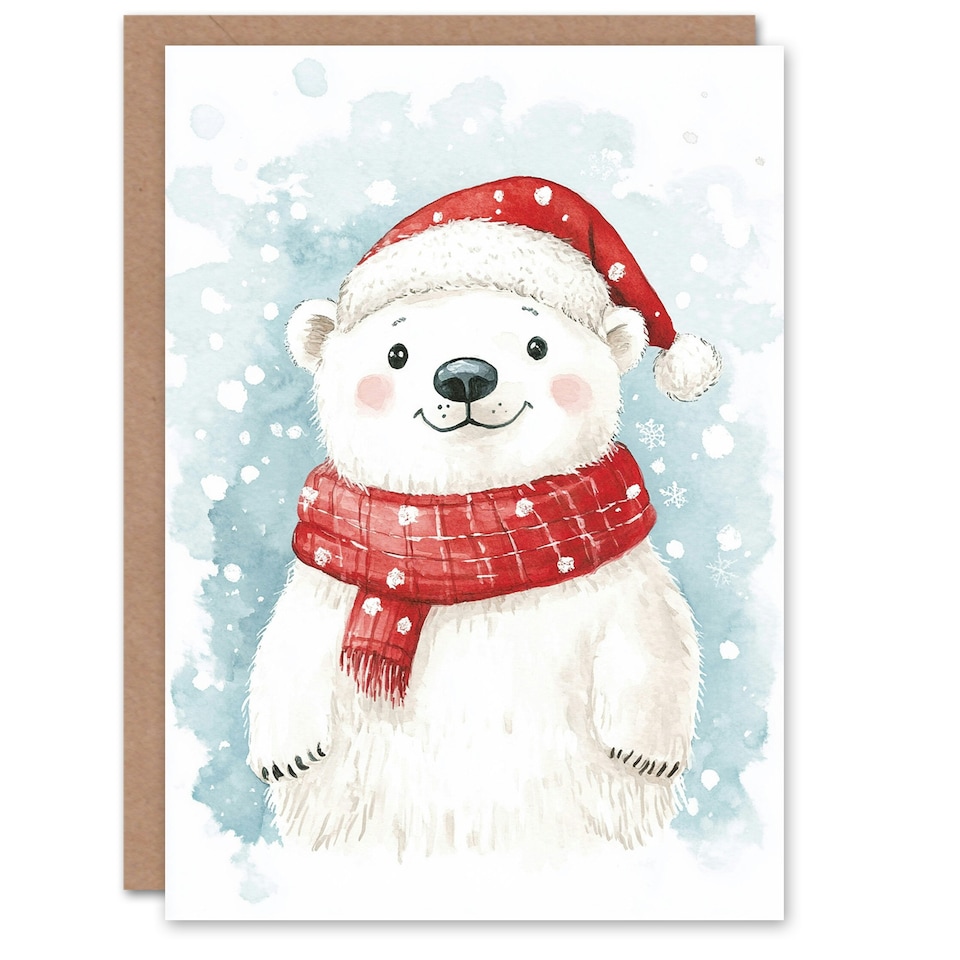 image 1 of Cute Polar Bear With Santa Hat and Scarf For Child Kids Xmas Festive Christmas Card