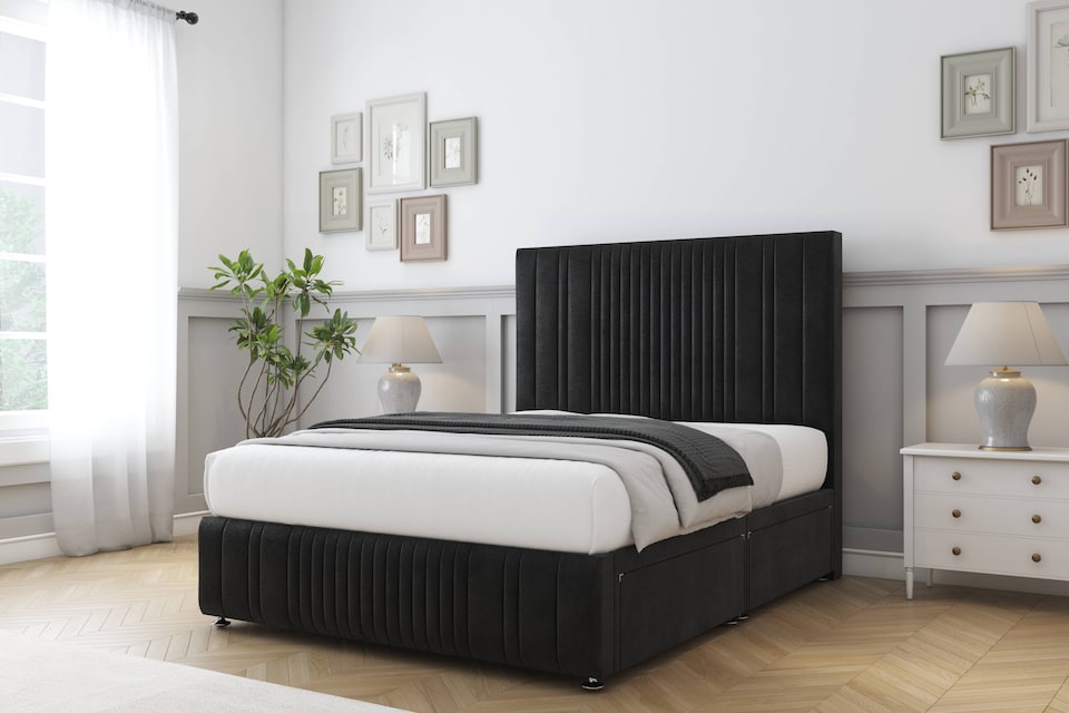 image 1 of Sloomy Kingsley Black Plush Divan Bed Base No Drawers With 54 Inch Floor Standing Headboard & 12 Inch Matching Footboard | Black | Black | Double | 1