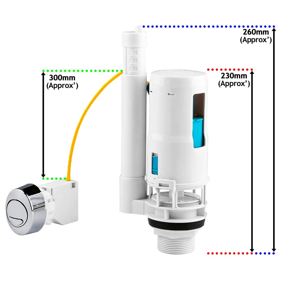 image 1 of SPARES2GO Adjustable Dual Flush Toilet Valve Concealed Cistern with Push Button (1.5" / 2" Outlet, 300mm Cable)