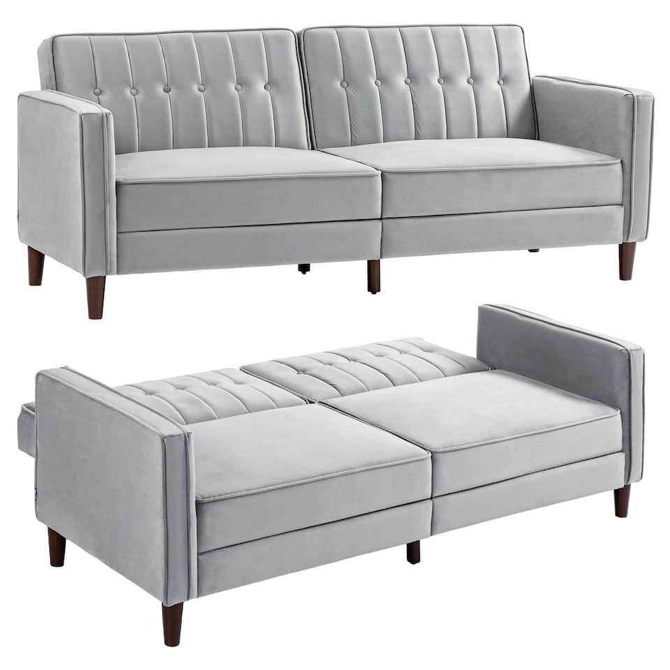 image 1 of HOMCOM Convertible Sofa Futon Velvet-Touch Tufted Couch Sofa Bed Grey
